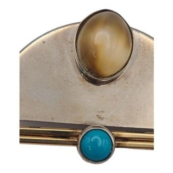 Vintage Sterling and Gold Filled Smoky Quartz & Turquoise Pin Brooch 1.25" - Picture 3 of 5